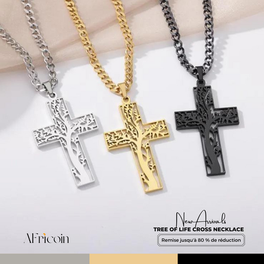 Élégant Collier Croix Arbre de Vie - Pendentif Religieux Unisexe en Acier Inoxydable