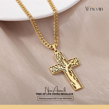 Élégant Collier Croix Arbre de Vie - Pendentif Religieux Unisexe en Acier Inoxydable