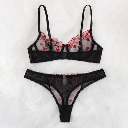 Ladies' Mesh See-through Love Three-point Sexy Suit
