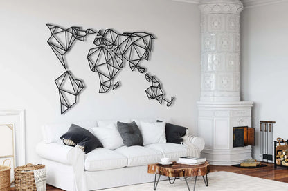 Décoration Murale Carte du Monde Géométrique en Métal Noir