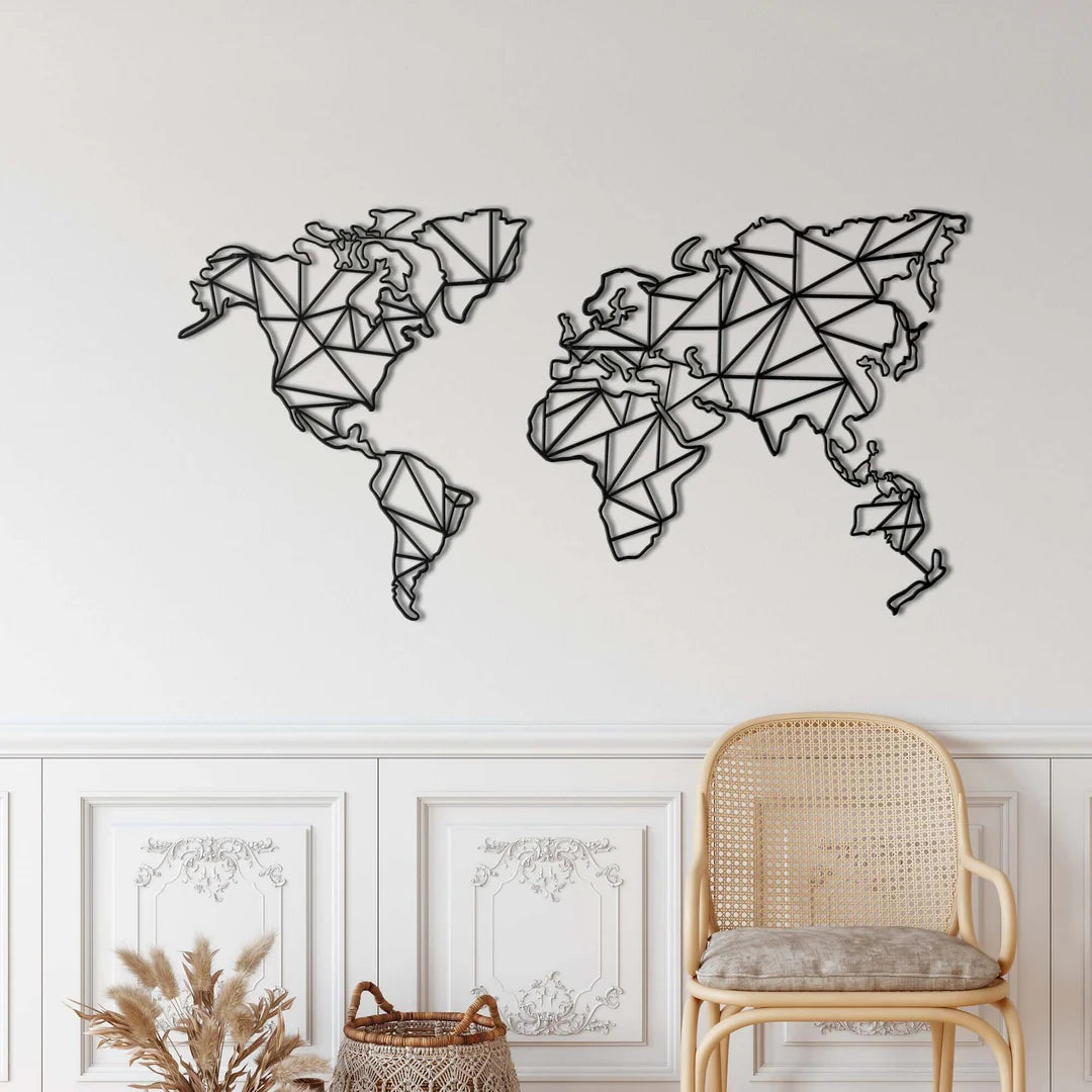Décoration Murale Carte du Monde Géométrique en Métal Noir