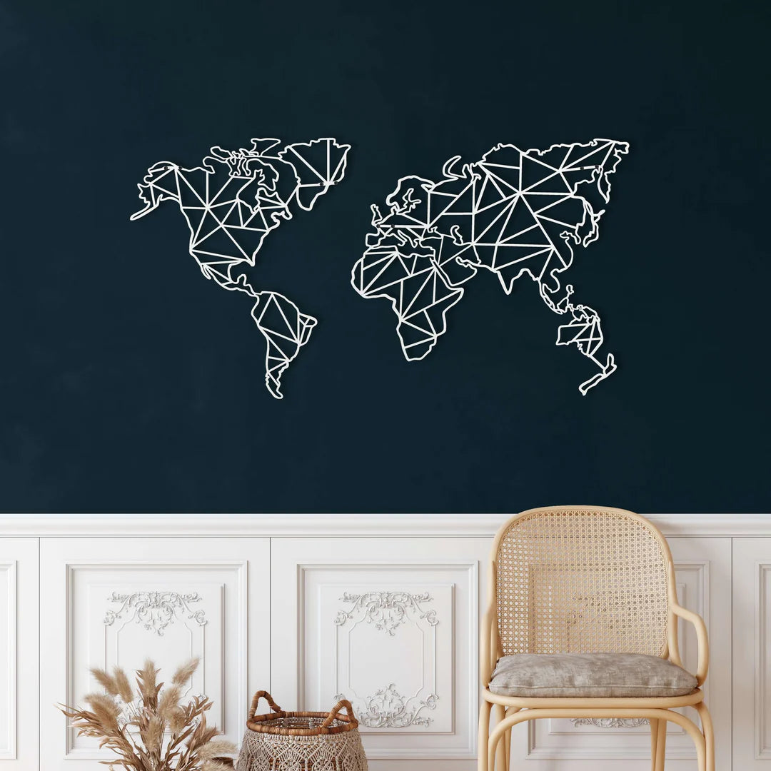 Décoration Murale Carte du Monde Géométrique en Métal Noir