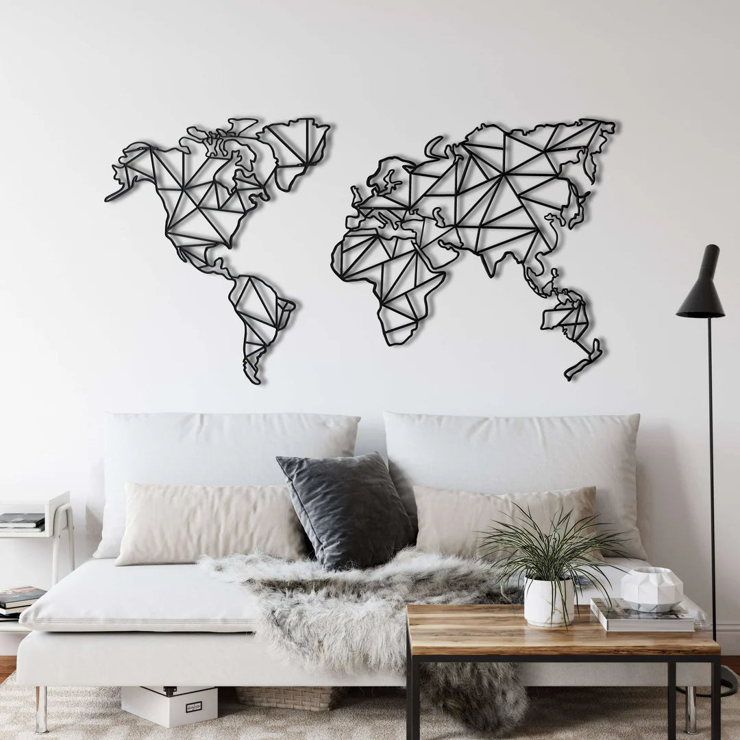 Décoration Murale Carte du Monde Géométrique en Métal Noir