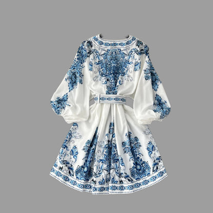 Vintage Print Elegant V-eck Long Sleeve Dress