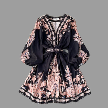 Vintage Print Elegant V-eck Long Sleeve Dress