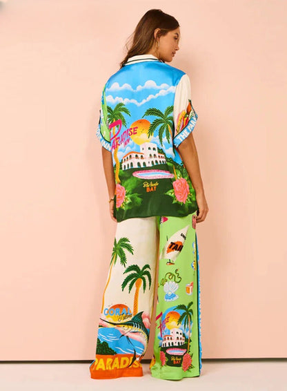 Summer  Printed Short-sleeved Color Matching Rope Trousers Suit
