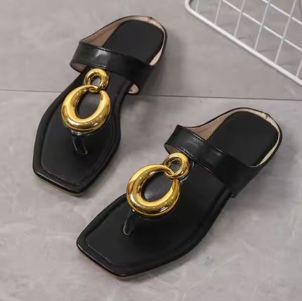 Sandales Tongs Plates avec Anneau Doré