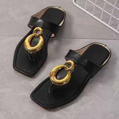 Sandales Tongs Plates avec Anneau Doré