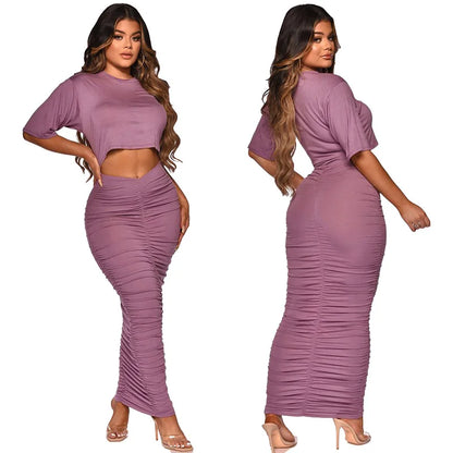 Sexy Elegant Women Skirt Set Half Sleeve Crop Top T Shirt+Skirts
