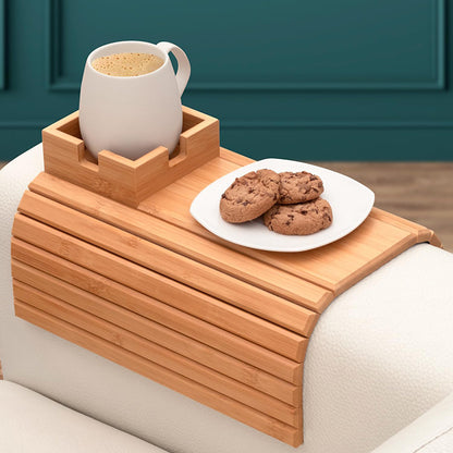 Plateau de canapé pliable en bambou avec porte-gobelet et finition laquée pour salon