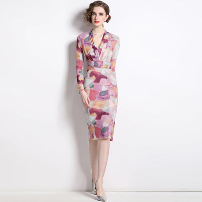 Mesh Floral Print Gentle Lace Up Slim Fit Tea Break Dress
