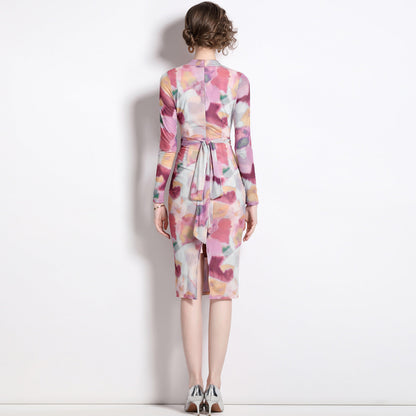 Mesh Floral Print Gentle Lace Up Slim Fit Tea Break Dress