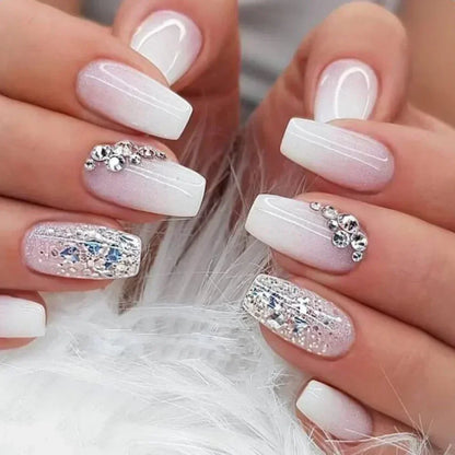 24Pcs Gradient Short Ballet Nails Set with Glue White Simple