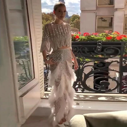 Luxury  White Feathers Two Pieces Evening Dresses