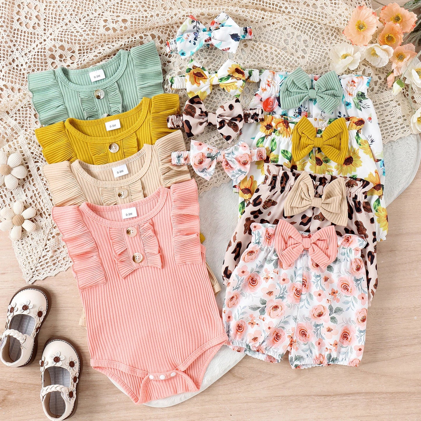 Baby Clothing Girl Summer Frill Trim Ribbed Romper + Elastic Waist Shorts + Bow Headband