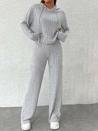 Women 2 Piece Outfits Knitted Hoodie and Wide Legs Pants