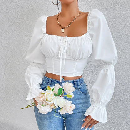 Slim Blouses Women White Puff Long Sleeves Crop Top