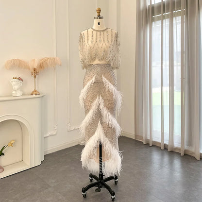 Luxury  White Feathers Two Pieces Evening Dresses
