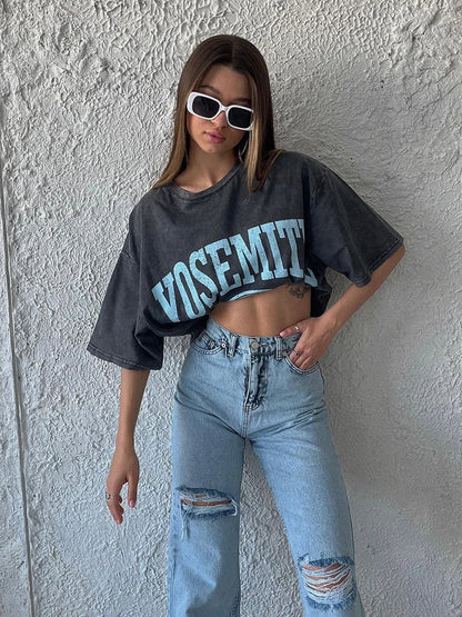 Acid Washed T Shirt Women Vintage Cotton T-shirts Streetwear