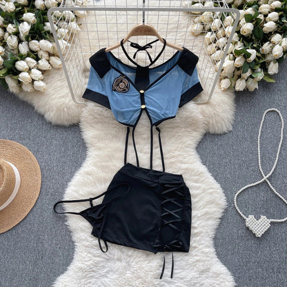 Sexy Female Police Instructor Vosplay Uniform Hollow Cross Bangding Clothing Backless Short Top Shirt And Shorts Two-Piece Set