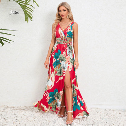 Jastie V-neck Sleeveless Print Long Camisole Dress