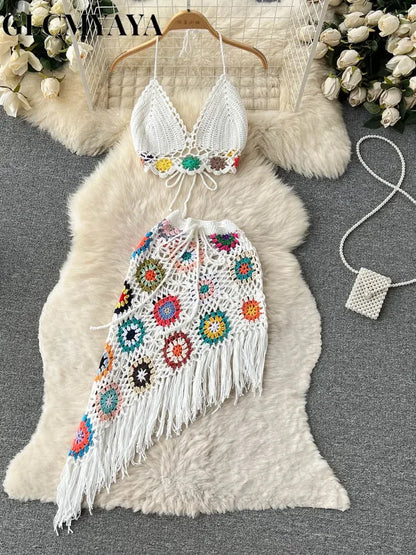 Holiday Beach Skirts Set Knitted Crochet Halter Crop Top and Irregular Mini Midi Skirt Sexy Two 2 Piece Sets