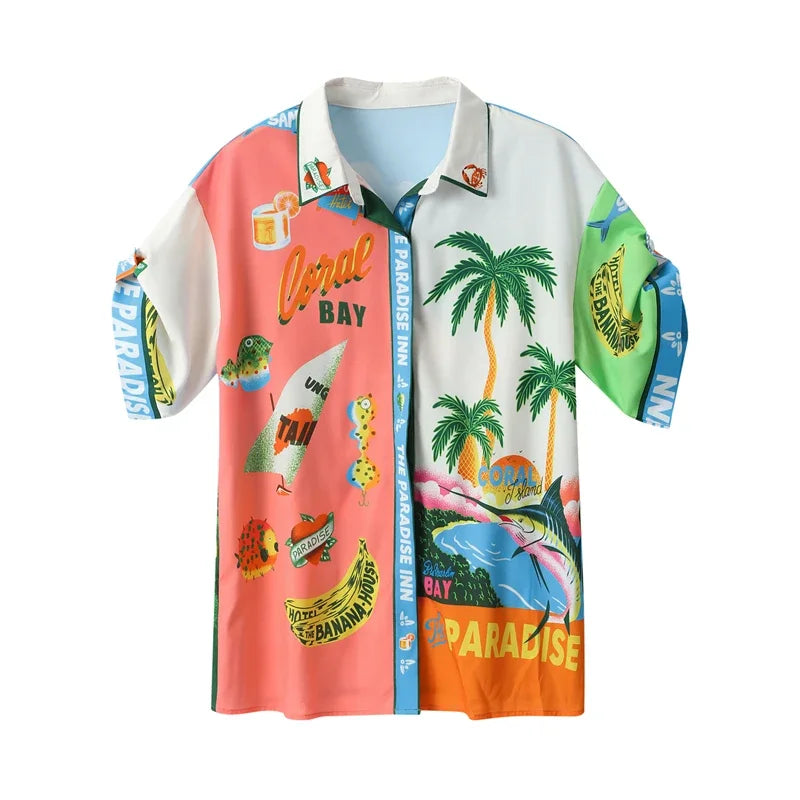 Summer  Printed Short-sleeved Color Matching Rope Trousers Suit