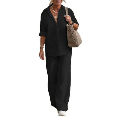 Long Sleeve Shirt Autumn Casual Solid Color Pants Wide Leg Suit