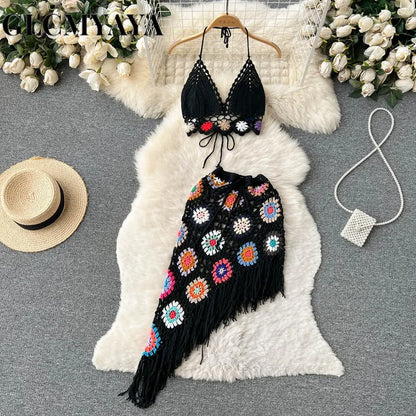 Holiday Beach Skirts Set Knitted Crochet Halter Crop Top and Irregular Mini Midi Skirt Sexy Two 2 Piece Sets