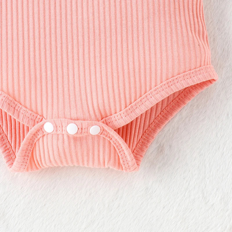 Baby Clothing Girl Summer Frill Trim Ribbed Romper + Elastic Waist Shorts + Bow Headband