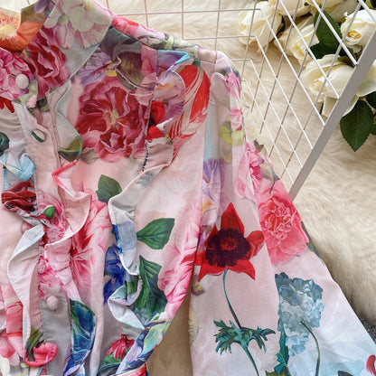 Print Belt Lantern Long Sleeve Dress