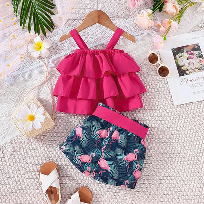 Baby Clothes Set 6Months - 3Years old Sleeveless Croptop and Cartoon Flamingo Shorts