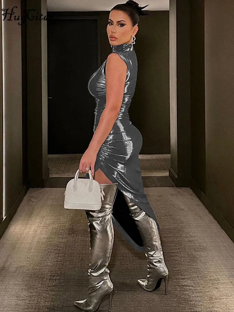 Leather Turtleneck Sleeveless Draped Slit Sexy Slim Dress