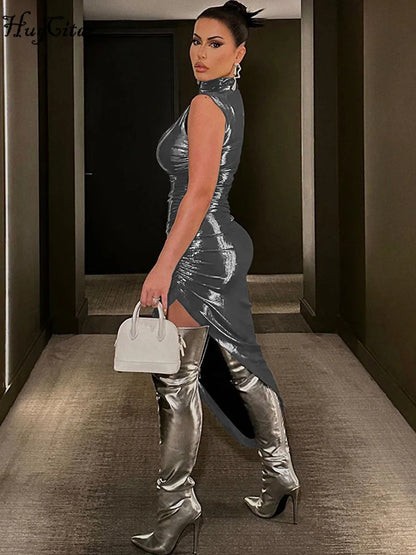 Leather Turtleneck Sleeveless Draped Slit Sexy Slim Dress