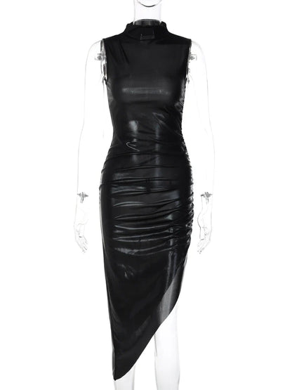 Leather Turtleneck Sleeveless Draped Slit Sexy Slim Dress