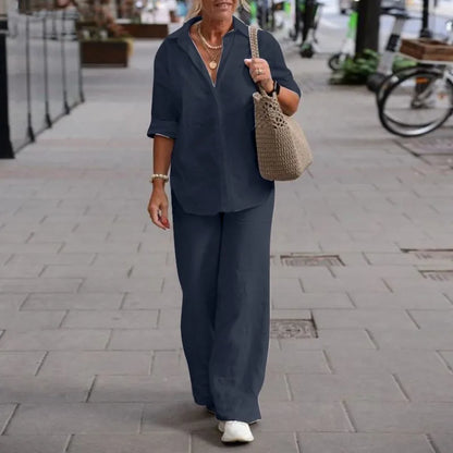 Long Sleeve Shirt Autumn Casual Solid Color Pants Wide Leg Suit