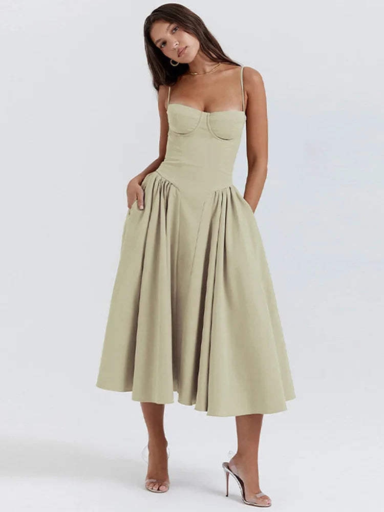 Women Sexy Solid Sling Midi Dress