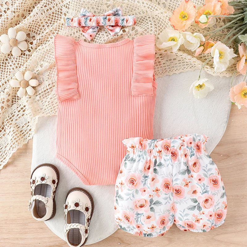 Baby Clothing Girl Summer Frill Trim Ribbed Romper + Elastic Waist Shorts + Bow Headband