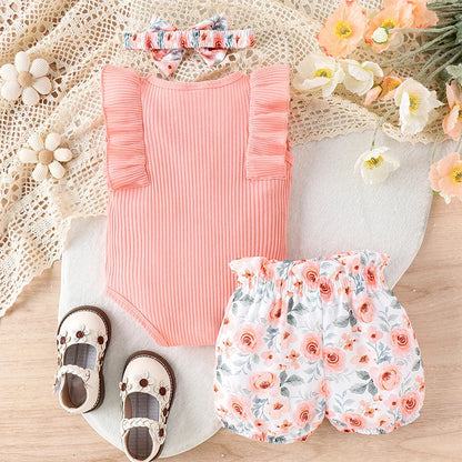 Baby Clothing Girl Summer Frill Trim Ribbed Romper + Elastic Waist Shorts + Bow Headband