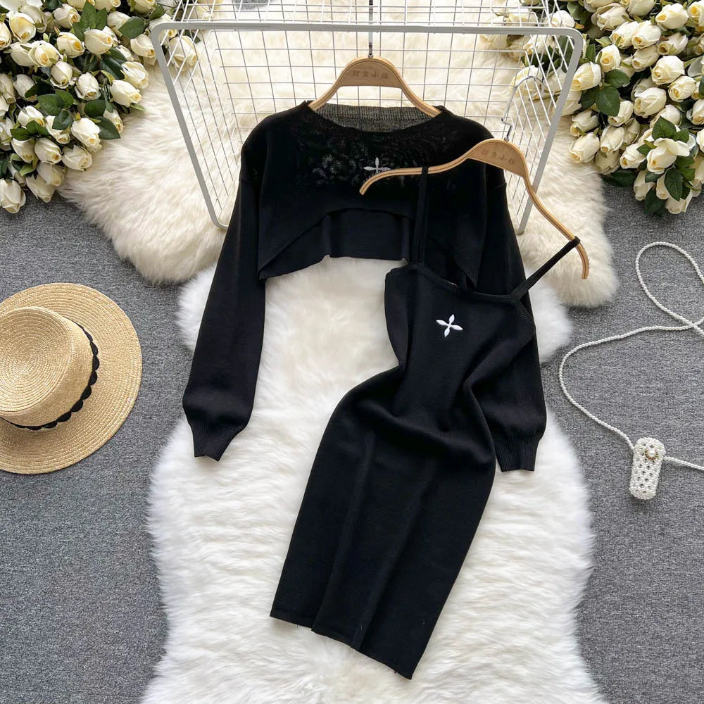 Women Dress Set strap Mini Dress + Full Sleeve Crop Top Streetwear Two Piece Suits