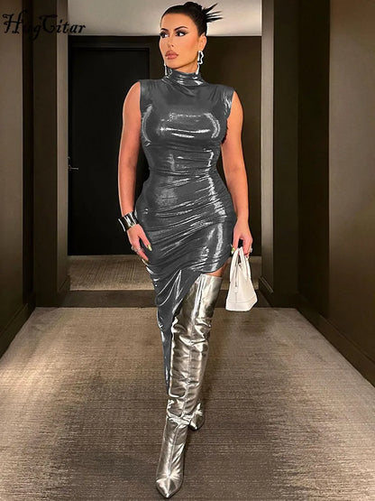 Leather Turtleneck Sleeveless Draped Slit Sexy Slim Dress