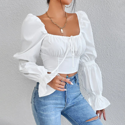 Slim Blouses Women White Puff Long Sleeves Crop Top