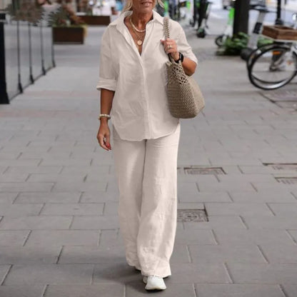Long Sleeve Shirt Autumn Casual Solid Color Pants Wide Leg Suit