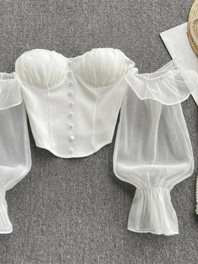 Summer Off Shoulder Tops Women Long Sleeves Solid Zipper Elastic Waist