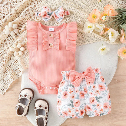 Baby Clothing Girl Summer Frill Trim Ribbed Romper + Elastic Waist Shorts + Bow Headband