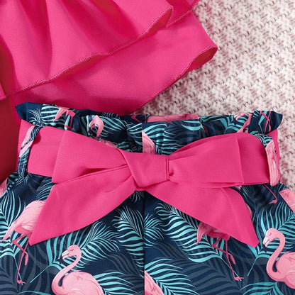 Baby Clothes Set 6Months - 3Years old Sleeveless Croptop and Cartoon Flamingo Shorts