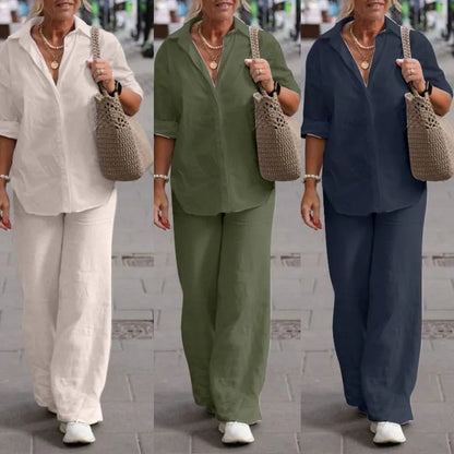 Long Sleeve Shirt Autumn Casual Solid Color Pants Wide Leg Suit