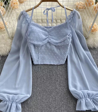 Women Short Blouse Summer Slash Neck Long Sleeve