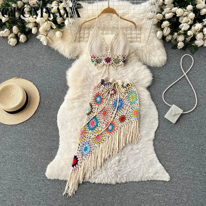 Holiday Beach Skirts Set Knitted Crochet Halter Crop Top and Irregular Mini Midi Skirt Sexy Two 2 Piece Sets