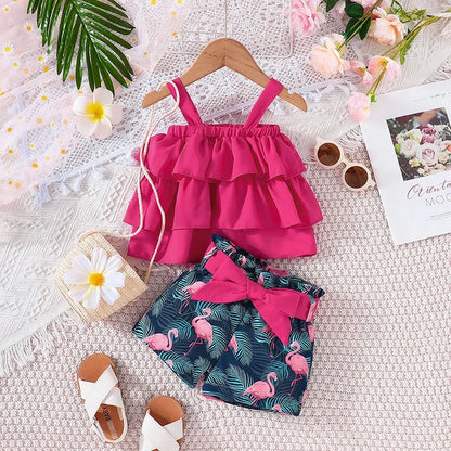 Baby Clothes Set 6Months - 3Years old Sleeveless Croptop and Cartoon Flamingo Shorts
